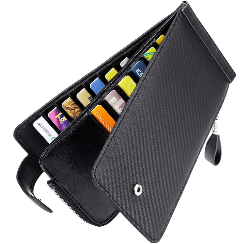 Huztencor Wallets for Men Women Slim RFID Blocking Genuine Leather Credit Card Holder Long Wallets Bifold Billfolds Passport Travel Wallet Checkbook Cover Carbon Fiber Black - Image 1